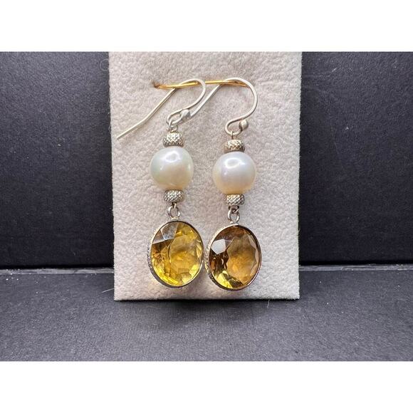 Citrine and pearl sterling silver dangle earrings - Picture 14 of 16